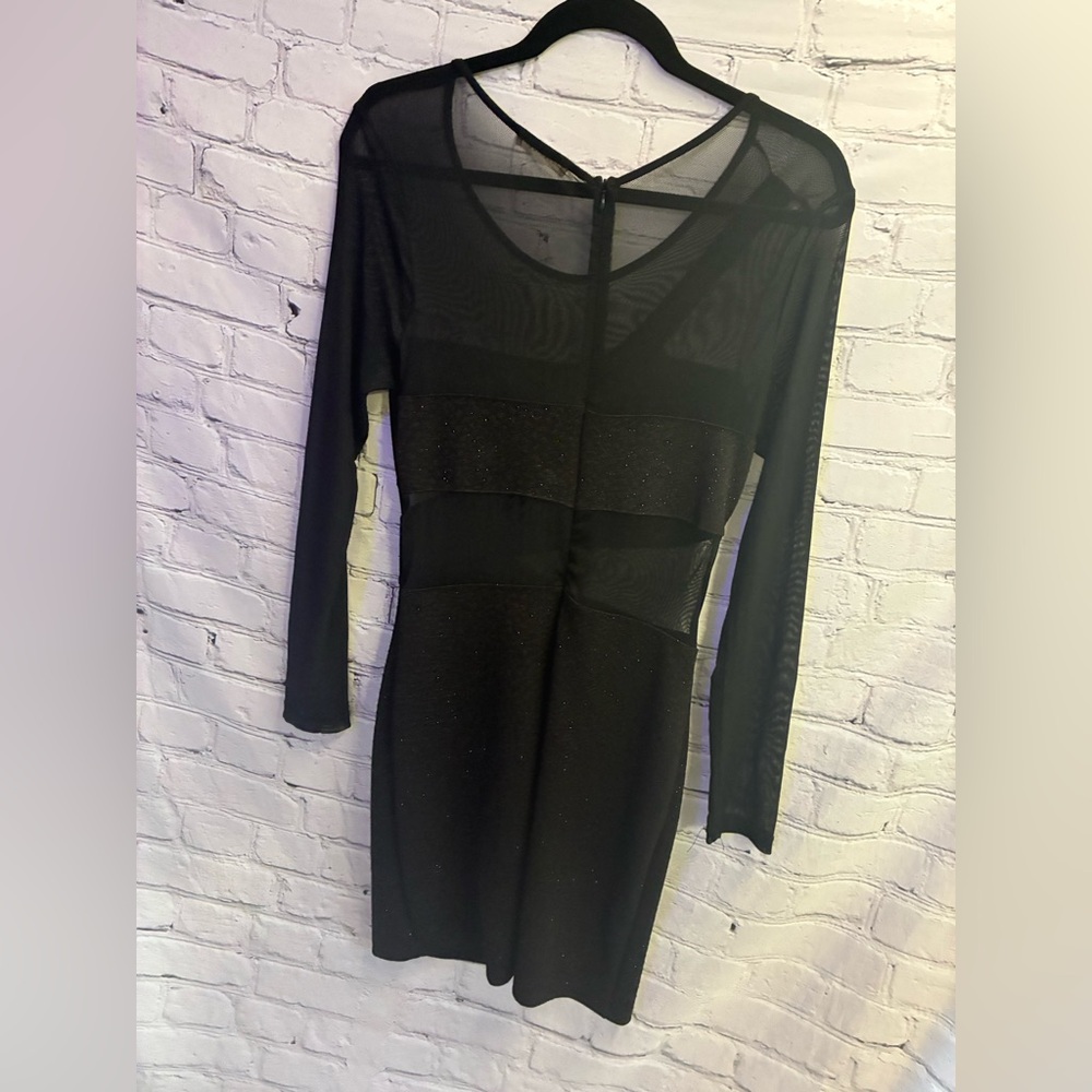 Just Me Women’s Black Long Sleeve Mesh Cut Out Sparkly Mini Clubbing Dress Sz L - Picture 7 of 9